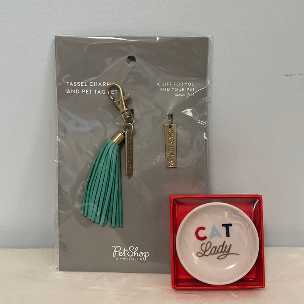 Pet Shop Tassel Charm and Pet Tag Set And Decorative Tray Bundle For Cat Lovers